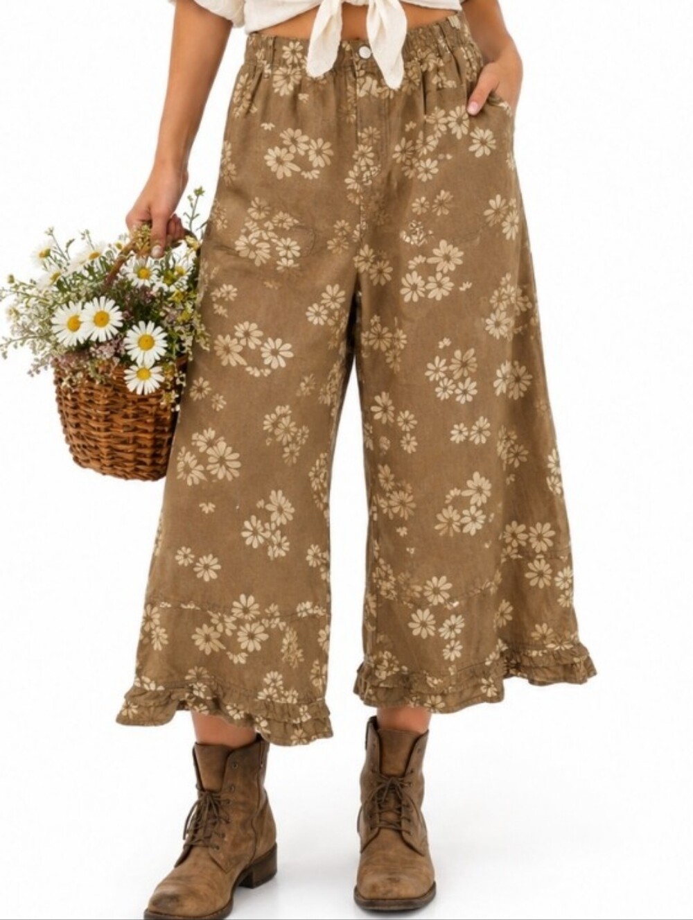 Chartou Floral Wide Leg Crop Pants XL Cottagecore Boho